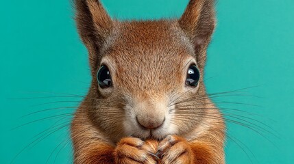 On a green screen, a fluffy‑tailed squirrel holds a nut © Julia