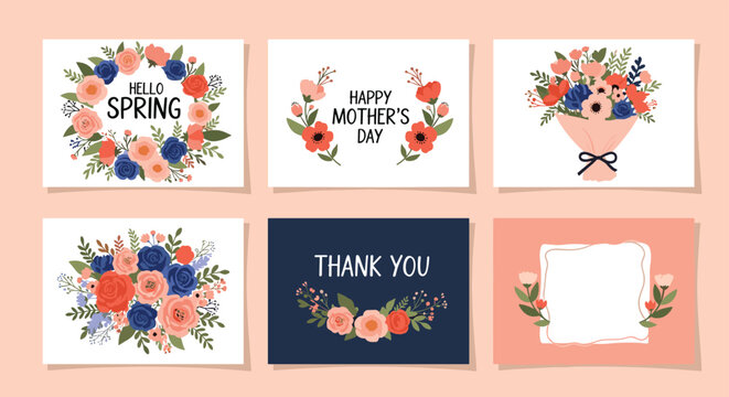 Set of six floral themed greeting cards with vibrant bouquets and message text for spring mothers day and thank you notes on a pink base.