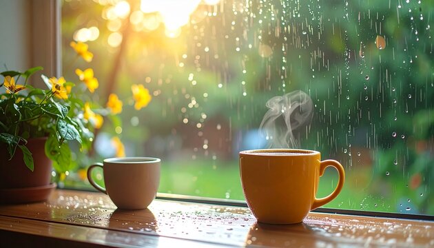 Cups of coffee on a wet window sill