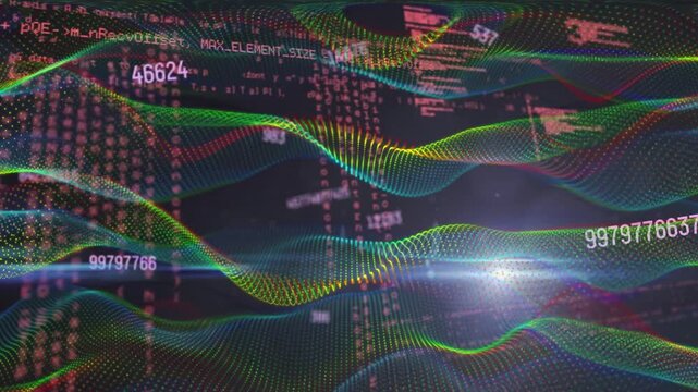 Animation of data and numbers with multicolored digital wave patterns over black background