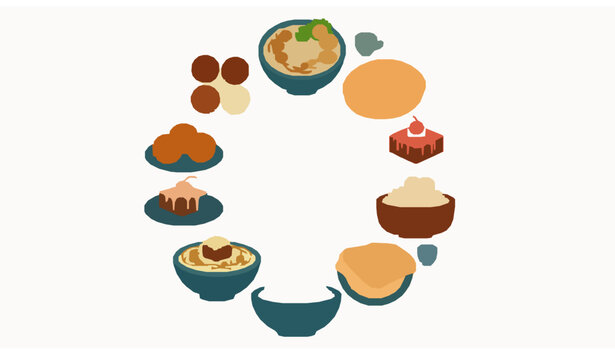 Traditional Egyptian food vector set with assorted dishes in dynamic layout isolated on white background