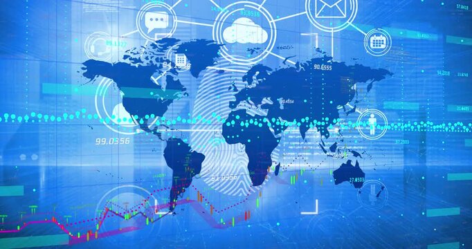 Animation of networks of connections and world map over cityscape
