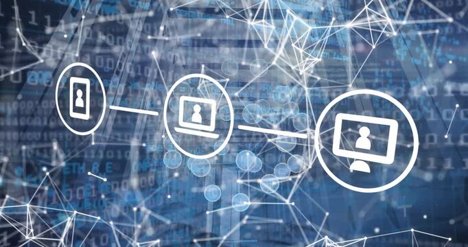 Animation of tech icons over connections, binary code and servers