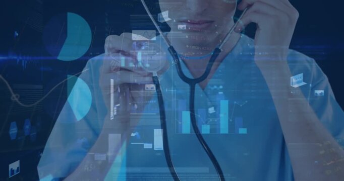 Animation of data processing over mid section of female caucasian doctor holding stethoscope