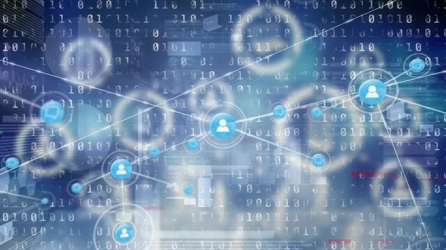 Animation of network of profile icons over binary coding data processing against blue background