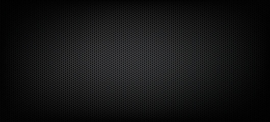 Black Metal Hexagon Grill Texture featuring metallic honeycomb mesh, carbon dark background, industrial steel grate, automotive radiator grill, tech pattern. © Kolerowa