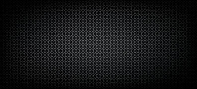 Black Metal Hexagon Grill Texture featuring metallic honeycomb mesh, carbon dark background, industrial steel grate, automotive radiator grill, tech pattern.