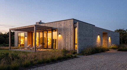Fototapeta premium Modern luxury house with concrete walls and glass windows glowing with warm light at dusk
