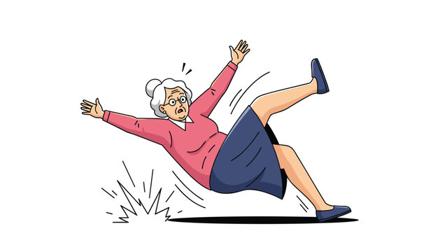 Elderly woman falling backwards in a slip and fall accident representing safety hazards for senior citizens.
