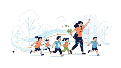 Fototapeta premium Energetic children running through a green park during an outdoor school activity led by a happy female teacher and supervisor.