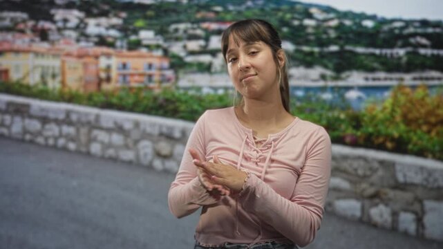 Young woman in pink top shrugging with palms up near stone seawall by harbor on street; indifference casual.
