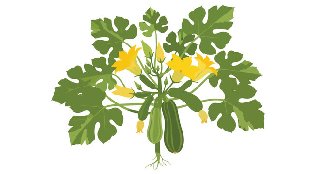 Illustration of a Zucchini Plant with Green Squash and Yellow Blossoms