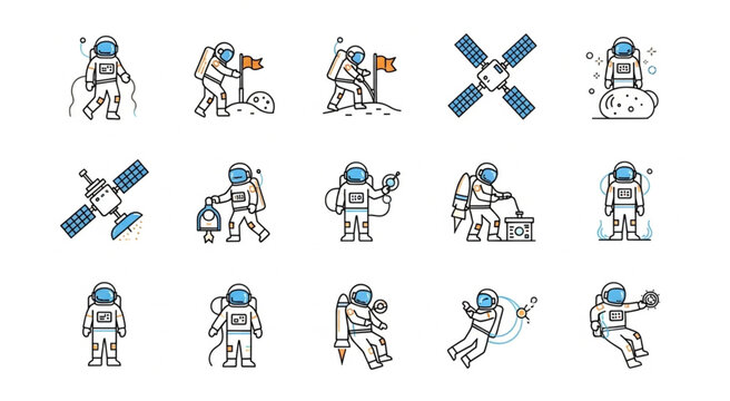 Astronauts in space suits performing various activities in space exploration.