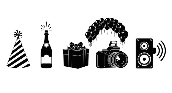 Celebration Icons Party Hat, Champagne, Gift Box, Camera, Balloons, and Speaker for Festive Occasions