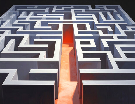 A maze with a clear exit path highlighted for problem solving concept