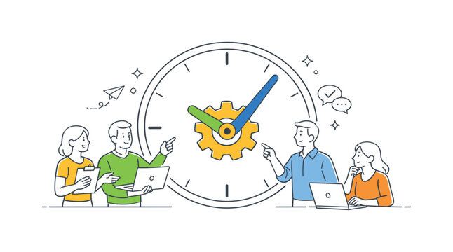 Colleagues improving routine synchronization and maintaining steady collaboration timing together during a structured progress alignment meeting in a