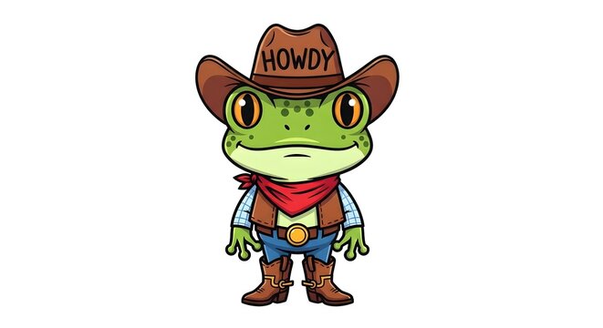 Cute Cartoon Frog Cowboy Character Wearing a Hat and Bandana.