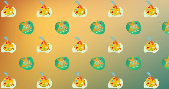 Animation of color palette and brush with geometry tools against gradient background