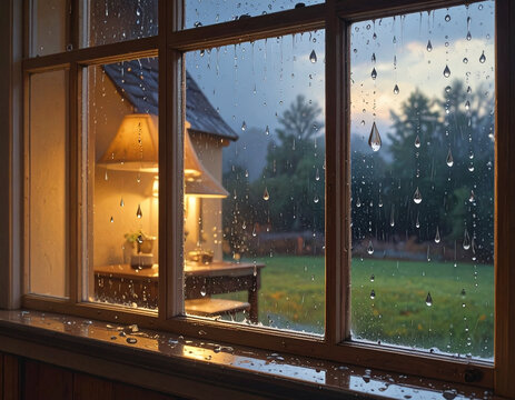 Rain droplets cling to a windowpane on a moody evening with reflections visible inside