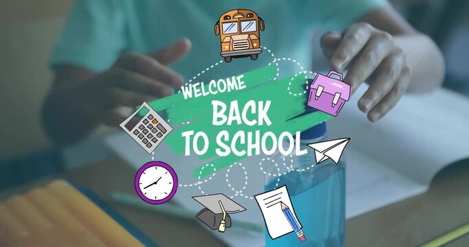 Animation of welcome back to school text and school icons over schoolboy