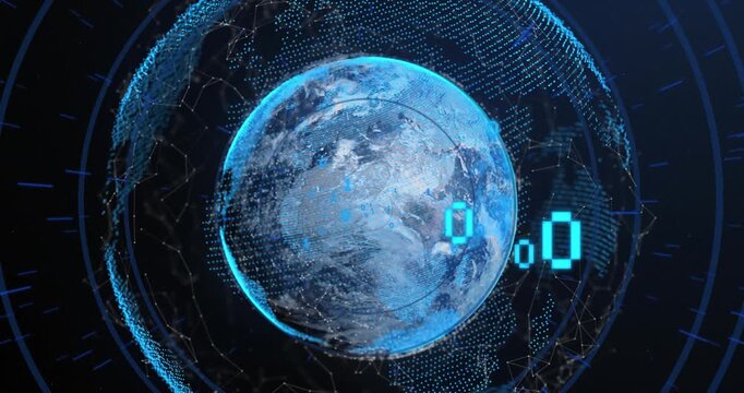 Animation of binary coding and network of connections over globe against blue background