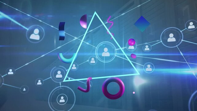 Animation of network of connections over blue light triangle and abstract shapes