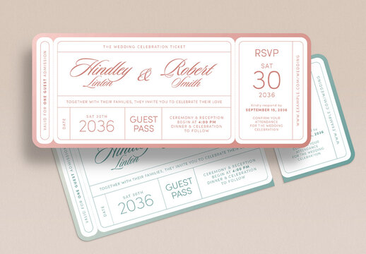 Wedding Ticket Invitation Template, Event ticket, Elegant RSVP Guest Pass Card, Printable Save The Date Invite