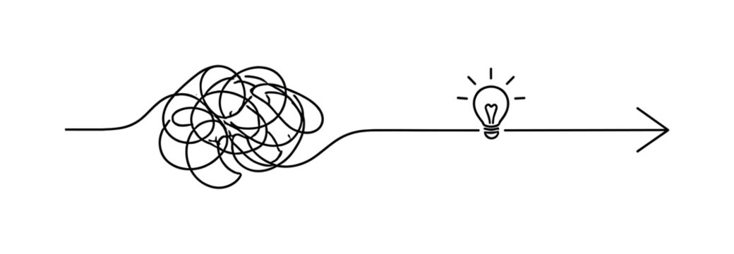 Creating order from chaos in a demanding workflow with multiple competing inputs, a continuous line forming irregular tangled loops that smoothly