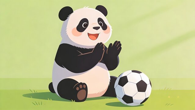 Panda claps happily in celebration with a soccer ball in front.