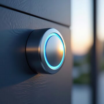 Modern smart thermostat device mounted on wall with glowing blue circular light.