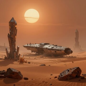 Desert landscape with crashed spaceship wreck under large orange sun at horizon.