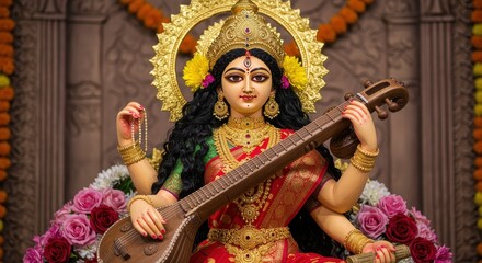 Fototapeta premium Close-up of a statue of Goddess Saraswati playing the veena adorned with flowers sculpture