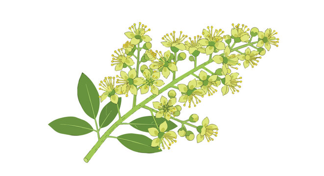Illustration of blooming mignonette branch with green leaves and yellow flowers