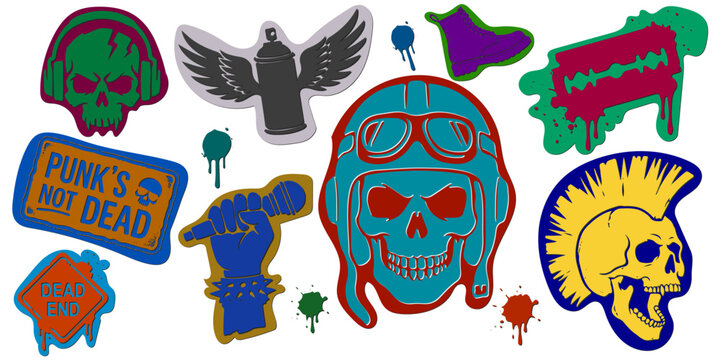 Punk rock subculture silhouettes and stickers set. Grunge underground elements with skulls, mohawk, leather jacket, anarchy symbols and spray paint.