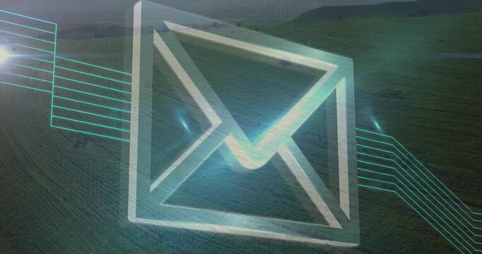 Digital lines and envelope icon over green landscape background in animation style
