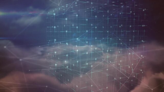 Cloud computing network being animated, glowing nodes connecting through semi-transparent 3D grid