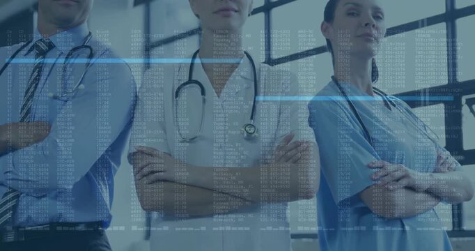 Medical team standing while data overlay appearing and scanning torsos for analysis