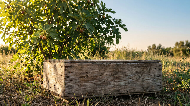 Uma caixa de madeira velha no solo de um campo com grama alta e ima figueira no fundo