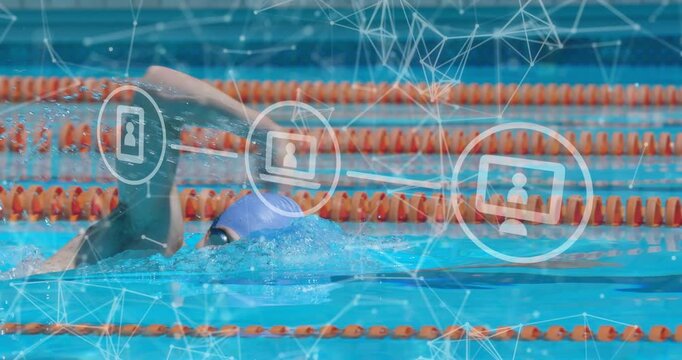 Gloved arm initiating swimmer entering lane competing in front crawl under digital network overlay