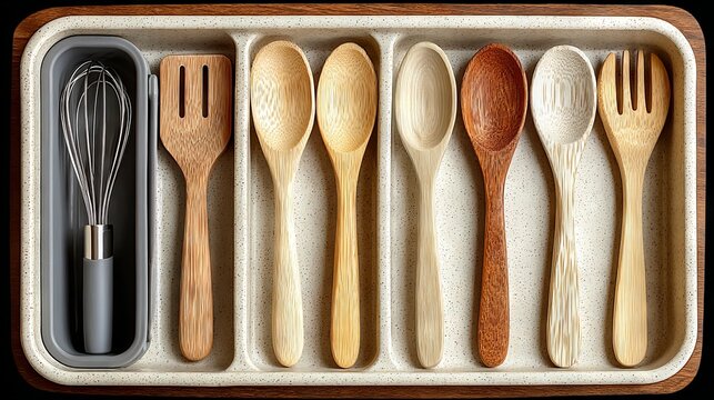A close-up of an indoor desk drawer opened displays a range of kitchen utensils: spoon, ladle, scoop, handshake