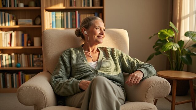 Senior Woman Relaxing with Music in Sunny Living Room
