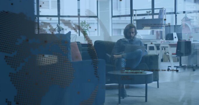 dotted map moving with code receding while office worker typing laptop showcasing tech connectivity