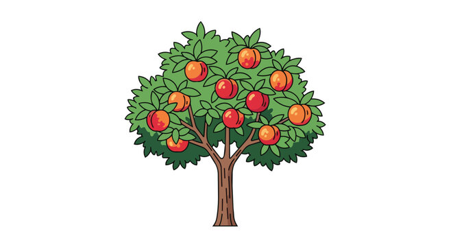 Cartoon Peach Tree with Ripe Fruits Illustration