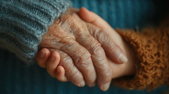Elderly woman's hand holding young girl's hand in close-animated movie, symbolizing care, support, and generational bonding