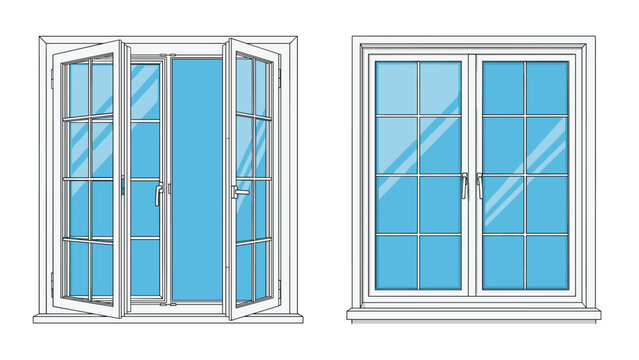 Side by side comparison of a white framed window with blue glass panes showing one open and one closed against a clean white background.
