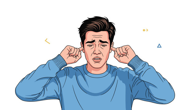 Man in a blue sweater covering his ears with his fingers and making a pained face to block out loud and unpleasant noises or sounds.