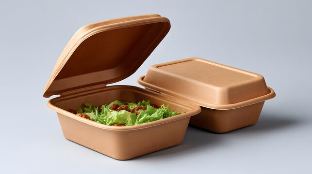Two compostable takeout containers, one open with salad inside, clean background