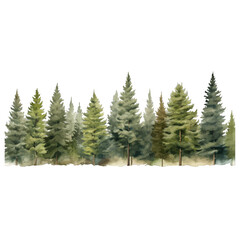 Fototapeta premium Watercolor illustration of a lush coniferous forest tree line with evergreen pine, fir, and spruce trees