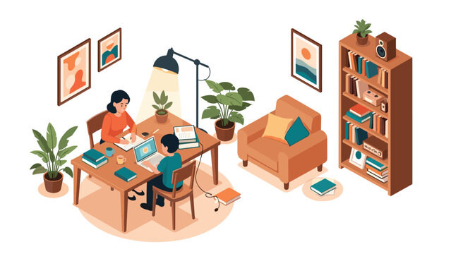 Isometric view of a mother helping her son with his school assignments using a laptop and books at a desk in a cozy living room.