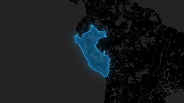 Stylized Blue Neon Glow Map Zoom In Animation on Dark Digital Background - Peru